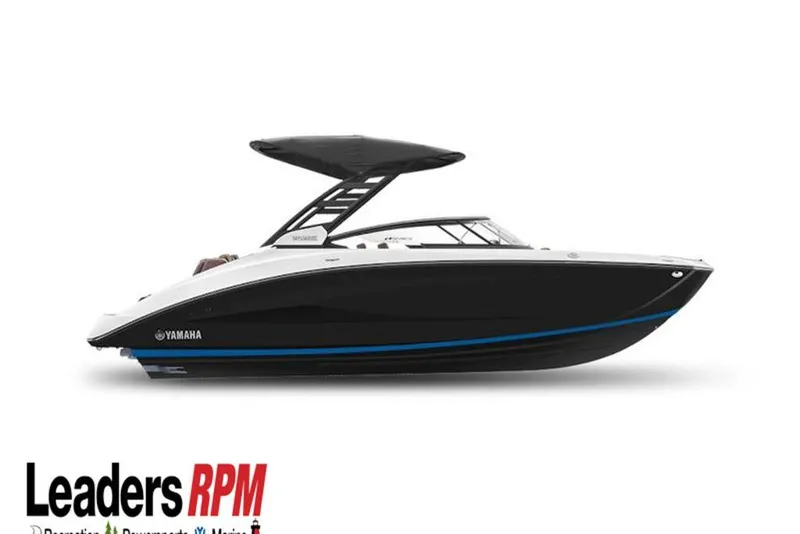 The Image of 2022 Yamaha Boats 252SE, sleek black design, side view, with canopy, Leaders RPM logo. - 1