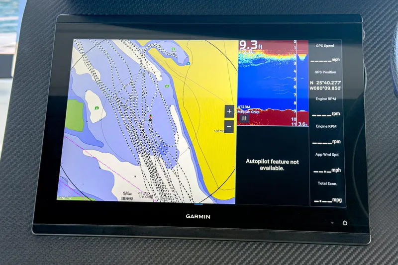 Slide: The Image of Garmin navigation display on 2022 Fountaine Pajot MY6 yacht, showing map and sonar data. - 13