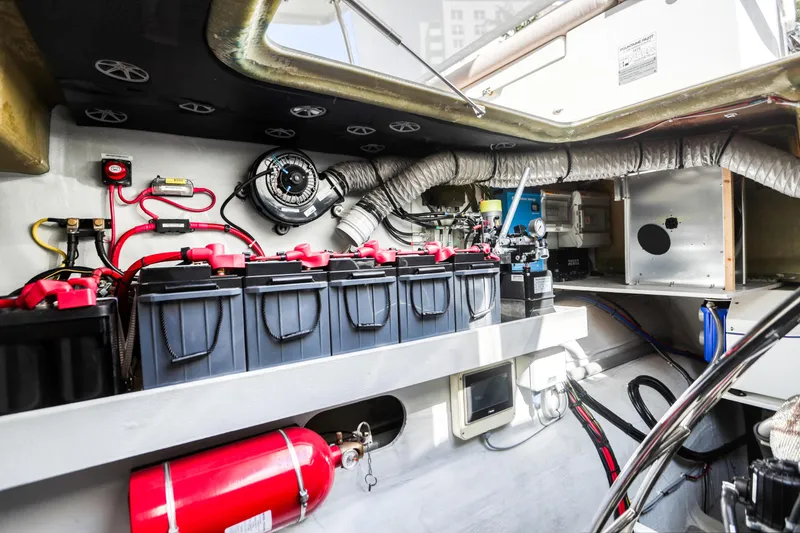 Slide: The Image of Interior view of the engine room in a 2022 Fountaine Pajot MY6. - 48