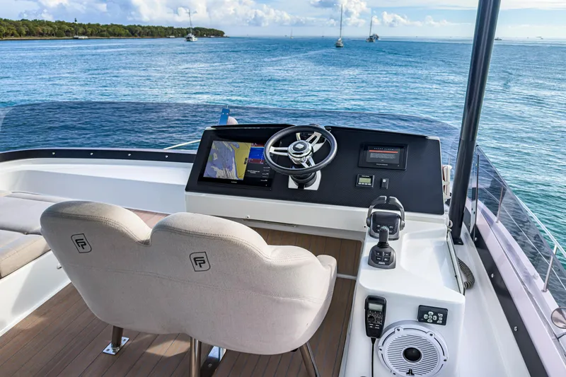 Slide: The Image of 2022 Fountaine Pajot MY6 yacht helm with ocean view, featuring modern navigation equipment. - 6