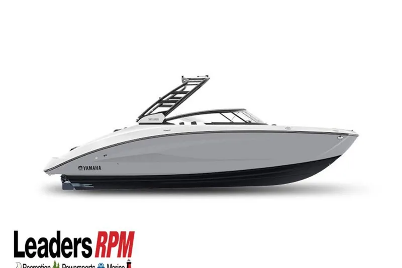 The Image of 2026 Yamaha Boats 252S, sleek white design, side view, Leaders RPM logo. - 1