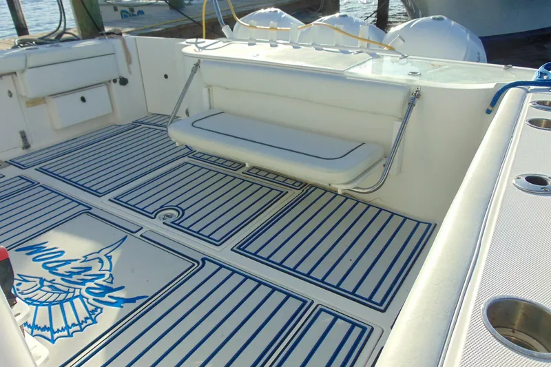 Slide: The Image of 2019 Stamas 390 Tarpon boat deck with seating and custom flooring design. - 29