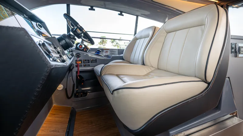 Slide: The Image of Interior of Hanover 415 boat, 2026 model, featuring luxurious leather seating. - 47