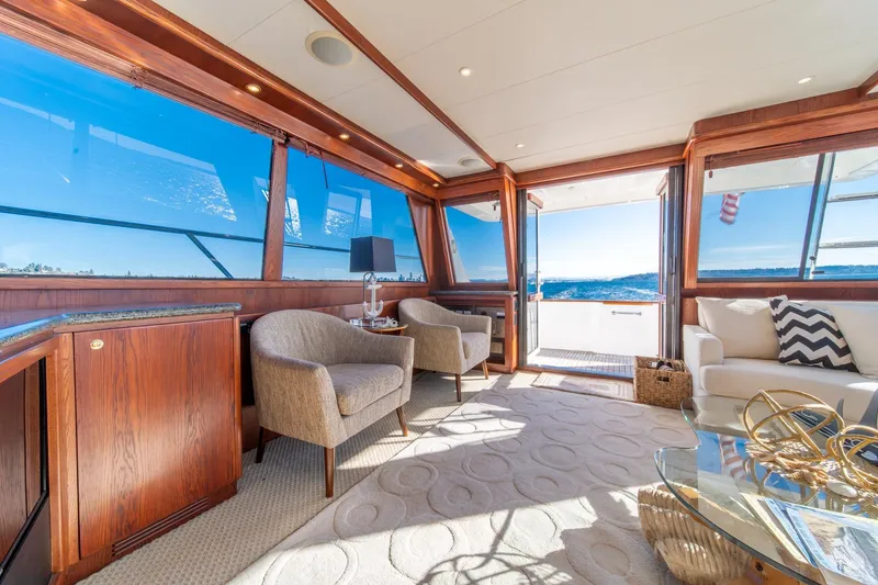 Slide: The Image of Luxurious interior of 1998 West Bay 58 Sonship Pilothouse yacht with ocean view. - 19