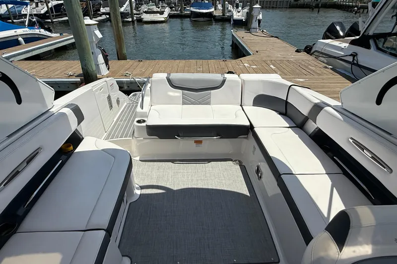 Slide: The Image of 2019 Chaparral 297 SSX boat docked with blue cover, overcast sky. - 25