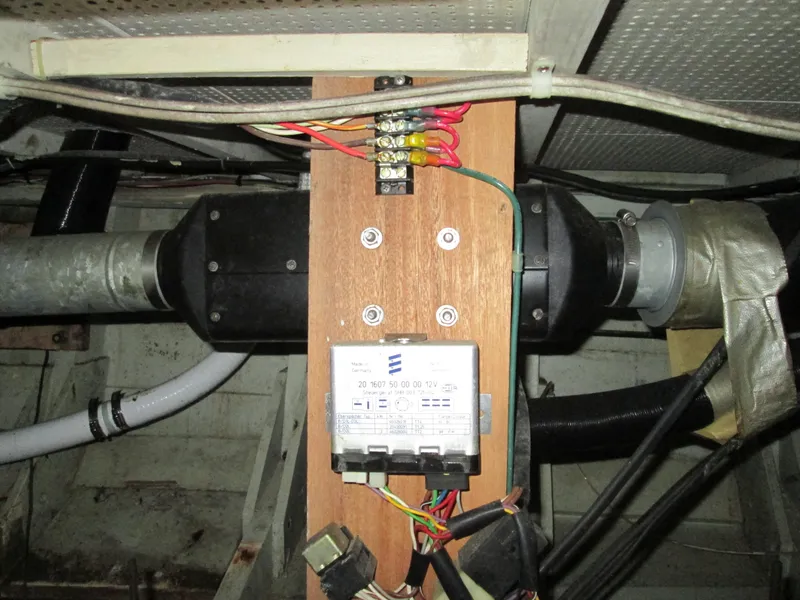 Slide: The Image of Electrical wiring in the engine room of a 1966 Grand Banks 32 Sedan. - 23