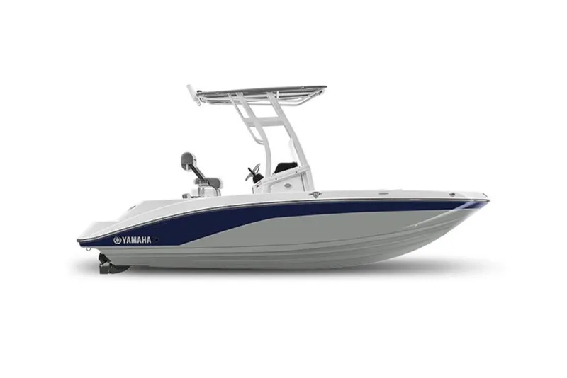 Slide: The Image of 2026 Yamaha Boats 195 FSH Sport, sleek design, side view, white and blue color scheme. - 2