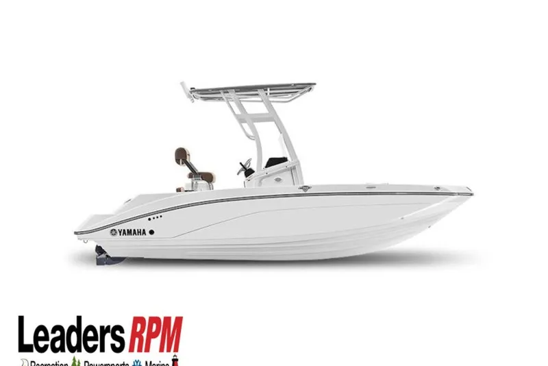 Slide: The Image of 2026 Yamaha Boats 195 FSH Sport, sleek white design, side view, Leaders RPM logo. - 41