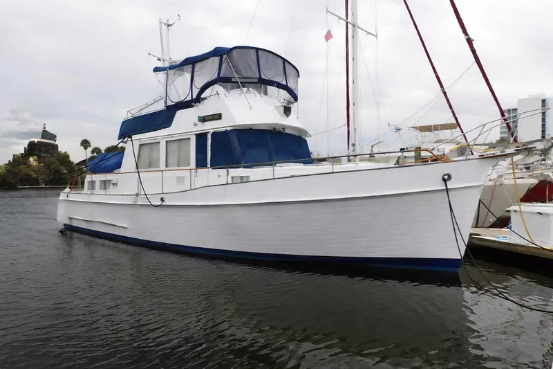 The Image of 1986 Grand Banks 46 Classic yacht docked in a marina, featuring blue and white design. - 0