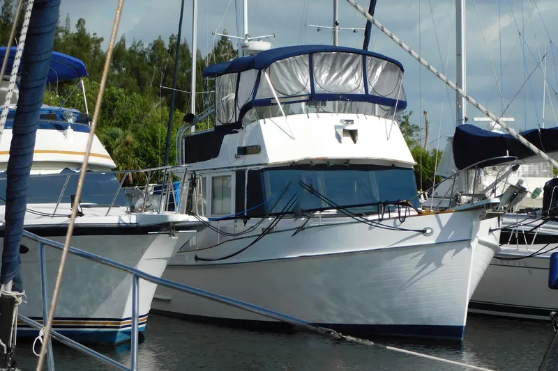 Slide: The Image of 1986 Grand Banks 46 Classic yacht docked in a marina, surrounded by other boats. - 3