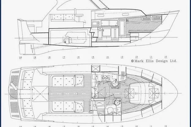Slide: The Image of Blueprint of 2007 Legacy Yachts 32, showcasing interior and exterior design layout. - 9