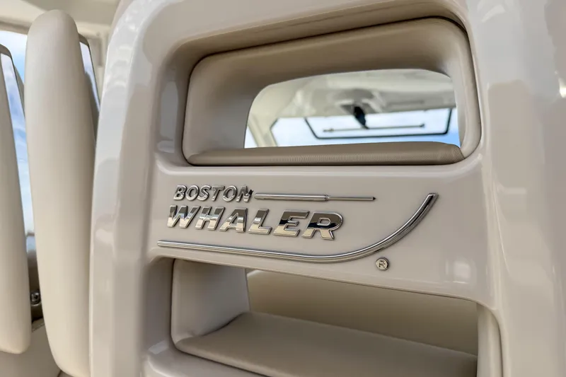 Slide: The Image of Close-up of 2018 Boston Whaler 420 Outrage logo on boat interior. - 30
