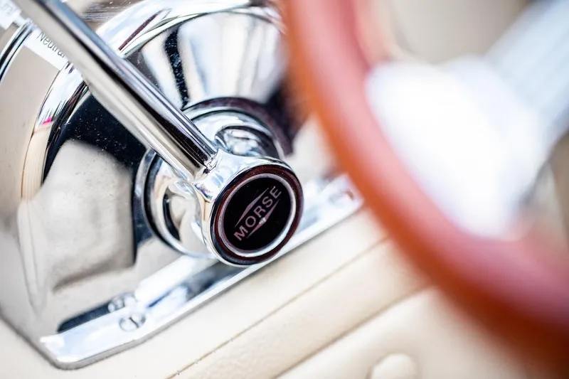 Slide: The Image of Close-up of Morse throttle control on 2007 Hacker-Craft 32 Sportabout boat. - 26