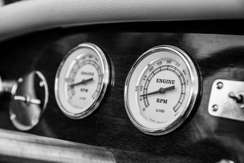 Slide: The Image of Close-up of 2007 Hacker-Craft 32 Sportabout dashboard with engine RPM gauges. - 29