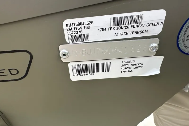 Slide: The Image of 2026 Tracker Grizzly 1754 Utility boat identification labels and serial numbers. - 15