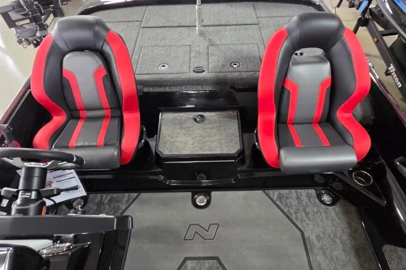 Slide: The Image of 2026 Nitro Z21 XL Pro boat interior with red and black seats. - 13