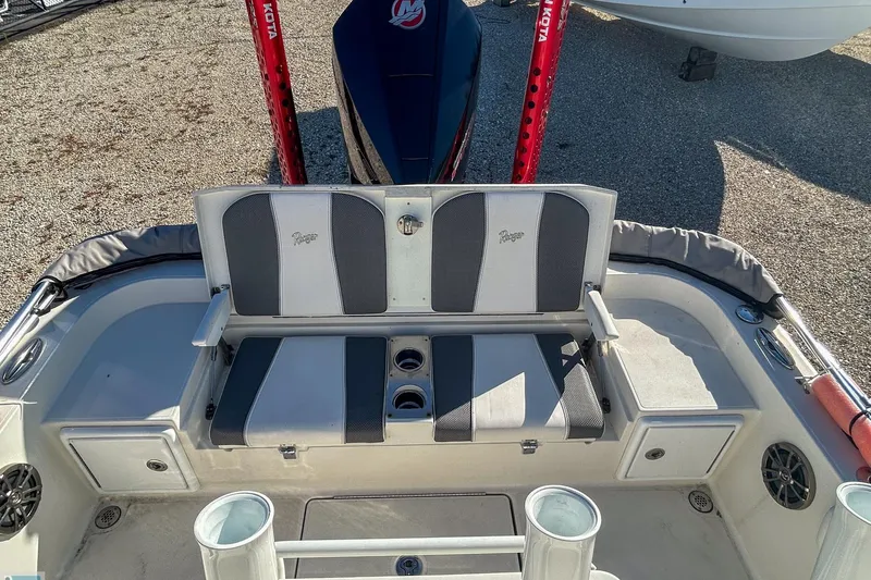 Slide: The Image of 2022 Ranger 2360 Bay boat interior with seating and cup holders. - 6