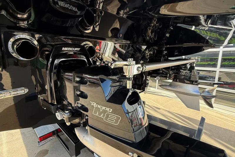 Slide: The Image of Close-up of a 2018 MTI 43 R/P boat's Mercury Racing M8 engine and propeller. - 16