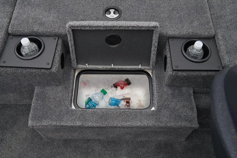Slide: The Image of Manufacturer Provided Image: 2025 Tracker Pro Team 190 boat storage compartment with cup holders and bottles. - 28