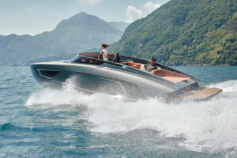 Slide: The Image of Luxury Flynt Yachts Centura 32 cruising on a scenic lake, 2026 model. - 10
