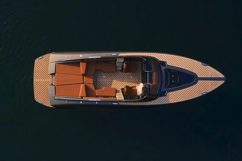 Slide: The Image of Aerial view of 2026 Flynt Yachts Centura 32, featuring sleek design and luxurious seating. - 11