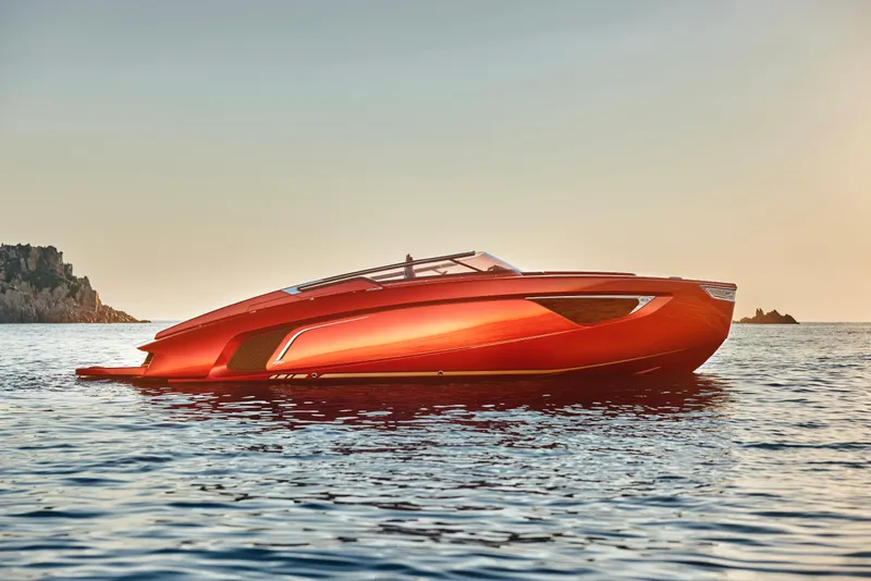 Slide: The Image of 2026 Flynt Yachts Centura 32 in vibrant sunset on calm sea. - 2