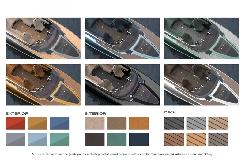 Slide: The Image of 2026 Flynt Yachts Centura 32 color options, showcasing diverse exterior, interior, and deck combinations. - 23