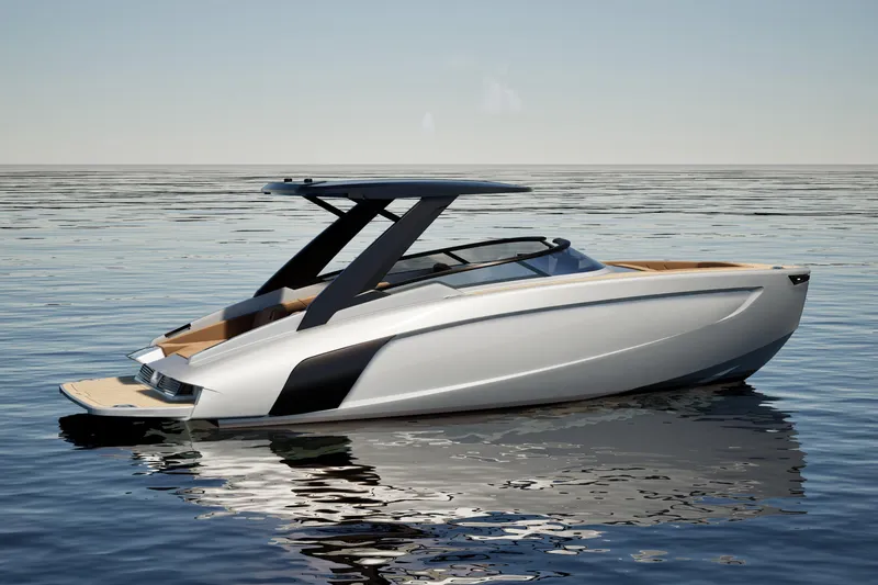 Slide: The Image of 2026 Flynt Yachts Centura 32 luxury boat on calm water, sleek modern design. - 24