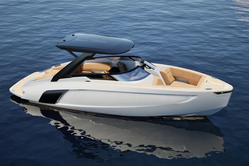 Slide: The Image of 2026 Flynt Yachts Centura 32 luxury boat on calm blue water. - 25