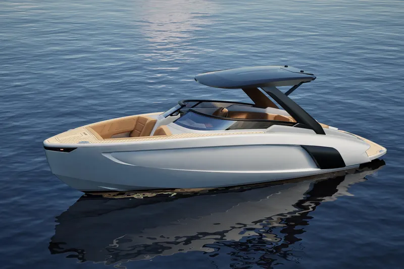 Slide: The Image of 2026 Flynt Yachts Centura 32 luxury boat on calm water, sleek design, modern features. - 26