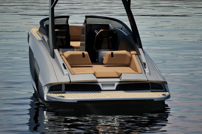 Slide: The Image of 2026 Flynt Yachts Centura 32 luxury boat on calm water, rear view. - 27
