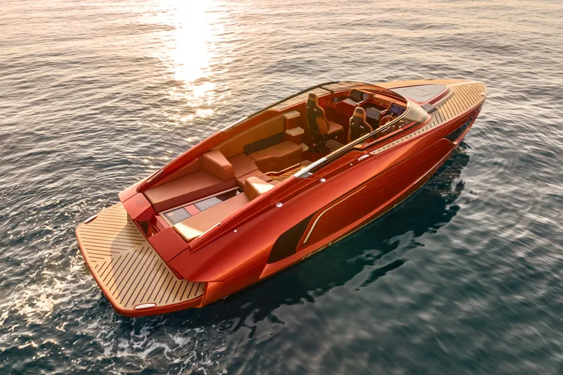 Slide: The Image of Luxurious 2026 Flynt Yachts Centura 32 cruising on serene waters at sunset. - 6