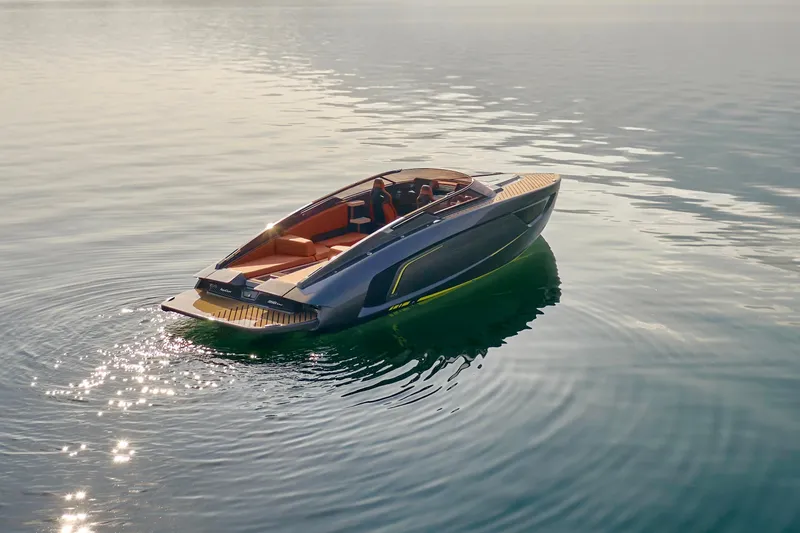 Slide: The Image of 2026 Flynt Yachts Centura 32 luxury boat on calm water, showcasing sleek design. - 9