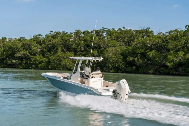 Slide: The Image of Boston Whaler 250 Dauntless 2026 cruising on calm water with lush greenery. - 14
