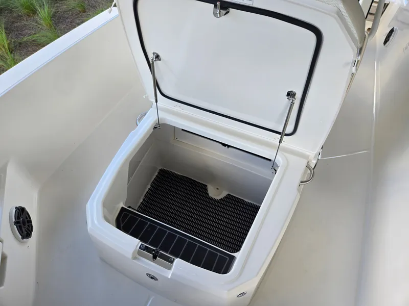 Slide: The Image of Boston Whaler 250 Dauntless 2026 storage compartment with open lid. - 14
