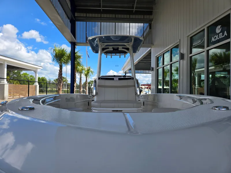 Slide: The Image of 2026 Boston Whaler 250 Dauntless boat in showroom. - 19