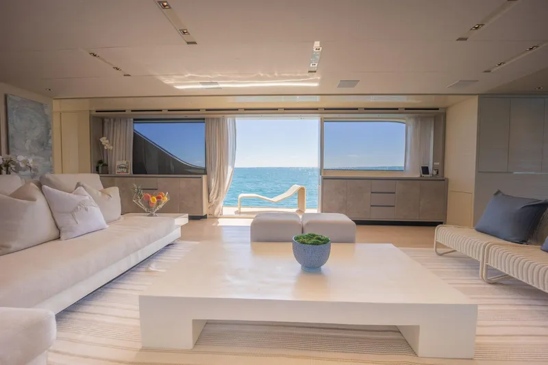 Slide: The Image of Luxurious interior of 2019 Sanlorenzo SD112 yacht with ocean view through large windows. - 12