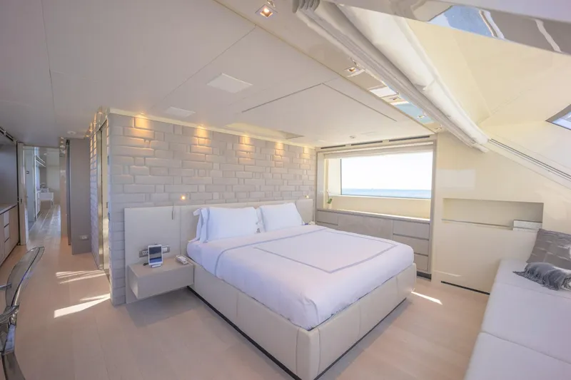 Slide: The Image of Luxurious bedroom interior on 2019 Sanlorenzo SD112 yacht, featuring modern design and ocean view. - 18
