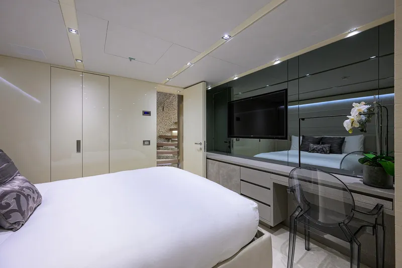 Slide: The Image of Luxurious bedroom interior on 2019 Sanlorenzo SD112 yacht, featuring modern design and elegant decor. - 29