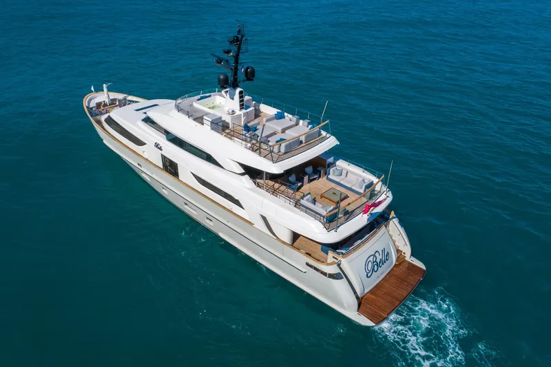 Slide: The Image of Luxurious 2019 Sanlorenzo SD112 yacht cruising on open sea, featuring elegant design and spacious decks. - 3