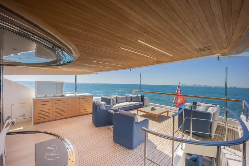 Slide: The Image of Luxurious 2019 Sanlorenzo SD112 yacht deck with elegant seating and ocean view. - 33