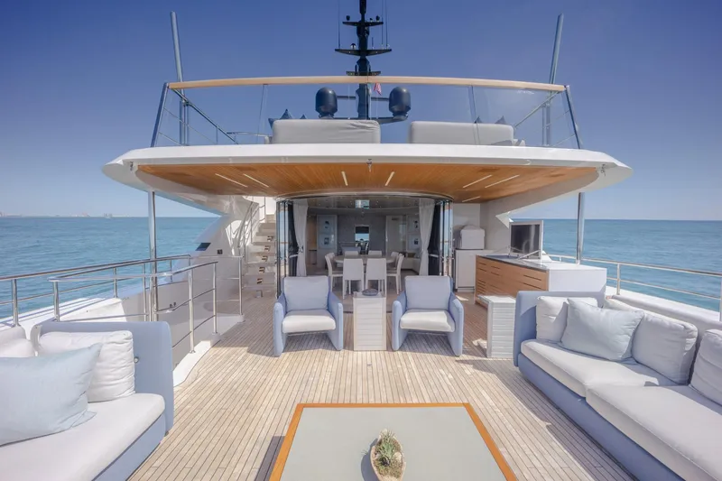 Slide: The Image of Luxurious 2019 Sanlorenzo SD112 yacht deck with elegant seating and ocean view. - 34