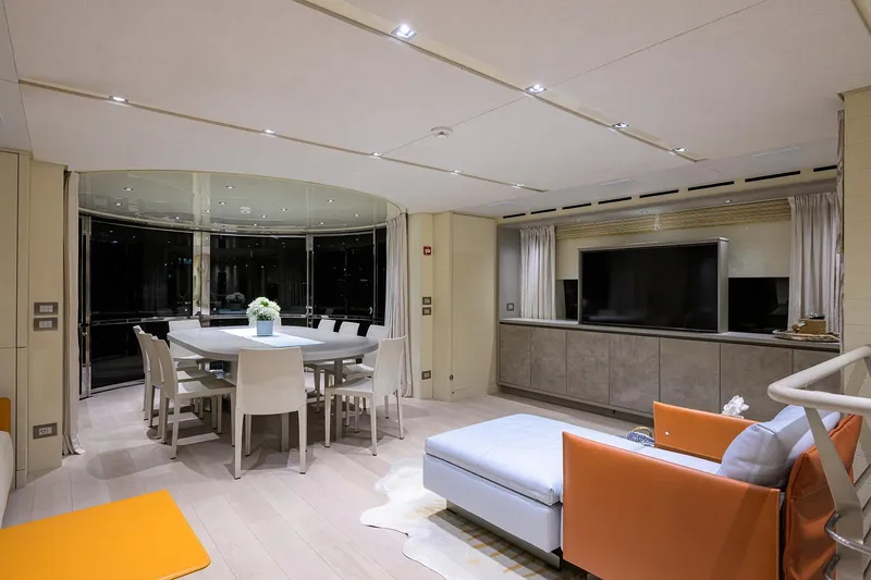 Slide: The Image of Luxurious interior of 2019 Sanlorenzo SD112 yacht with modern dining and living area. - 35