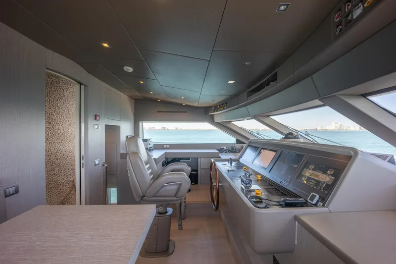Slide: The Image of Pilothouse of 2019 Sanlorenzo SD112 yacht with modern navigation equipment and panoramic windows. - 38