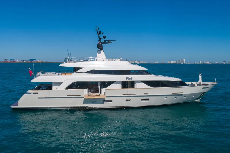 Slide: The Image of 2019 Sanlorenzo SD112 yacht cruising on open water under clear blue skies. - 4