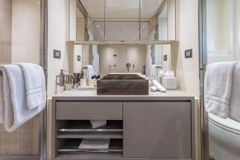 Slide: The Image of Luxurious bathroom on 2019 Sanlorenzo SD112 yacht with modern vanity and elegant decor. - 48