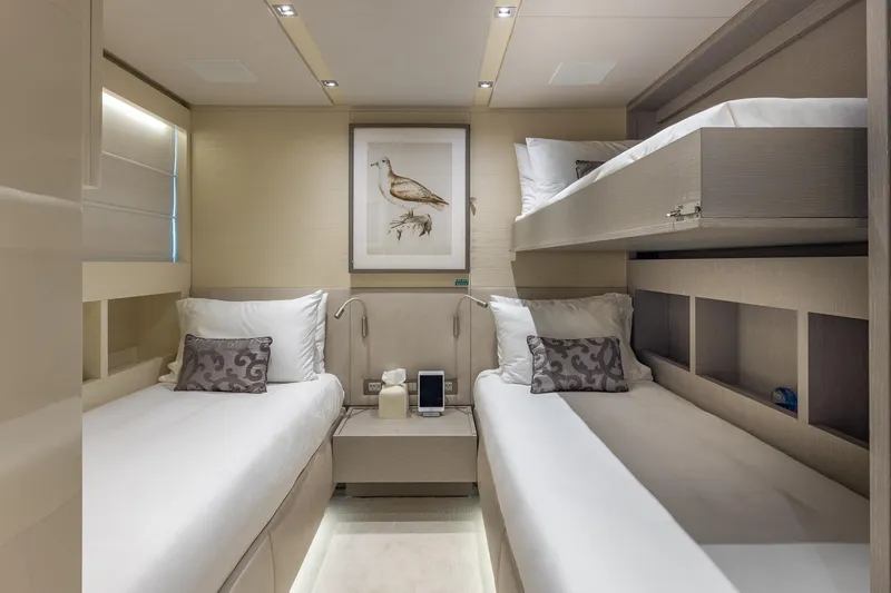 Slide: The Image of Luxurious cabin interior of 2019 Sanlorenzo SD112 yacht with twin beds and elegant decor. - 50