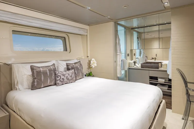 Slide: The Image of Luxurious bedroom interior on 2019 Sanlorenzo SD112 yacht with elegant decor and ocean view. - 53