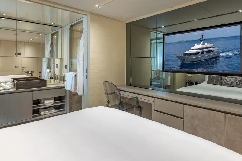 Slide: The Image of Luxurious bedroom on 2019 Sanlorenzo SD112 yacht with modern decor and TV. - 54