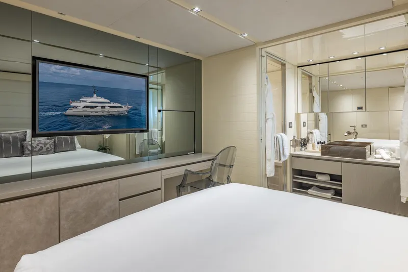 Slide: The Image of Luxurious Sanlorenzo SD112 yacht interior, 2019 model, featuring elegant bedroom and bathroom design. - 55